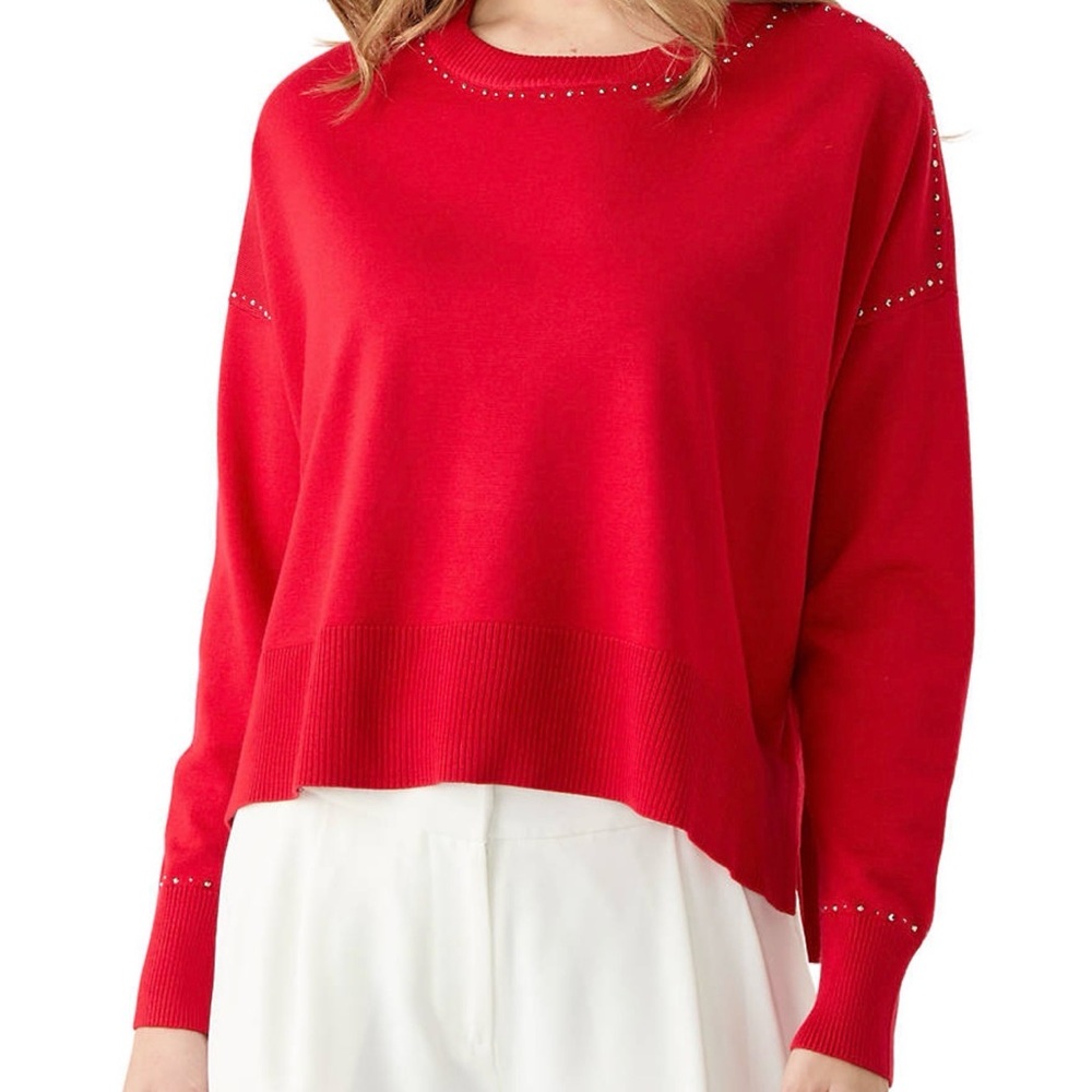 Dkny Women's Crew Neck Stud Trim Split Hem Sweater